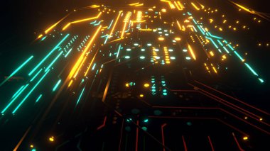 Modern yüksek teknolojili internet veri merkezinin soyut rengi ağ ve sunucu donanımı ile sıralanmış raflar. 3d oluşturma