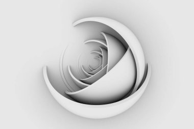 Beyaz mimari altyapısı. Modern beton kemerli bileşim perspektifte. Yarı dairesel şekiller. En sondaki ışık. 3d oluşturma