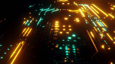 Modern yüksek teknolojili internet veri merkezinin soyut rengi ağ ve sunucu donanımı ile sıralanmış raflar. 3d oluşturma