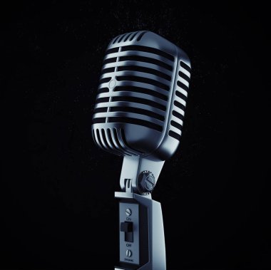 Retro microphone on stage waves voice or American Bar restaurant during a night show. Studio record old school. 3d rendering