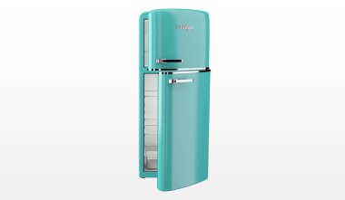 Açık mavi retro paslanmaz çelik büyük buzdolabı beyaza izole edilmiş. Ve beyaz ahşap zemin. Buzdolabı dondurucusu. En üst dondurucu. 3d oluşturma