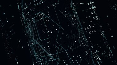 Ağ ve sunucu donanımlı raflarla dolu modern yüksek teknoloji internet veri merkezi odasının soyutlanması. 3d oluşturma