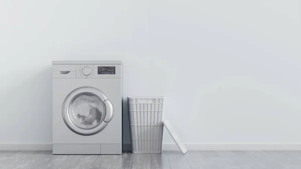 Moderne Metalen Wasmachine Wasserette Manden Huiselijke Emty Kamer Interieur Blauwe — Stockfoto
