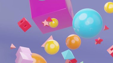 Mor arka plan, parlak, koyu renk, sarı ve mavi renklerde bir kamera. Sanat kavramı. Minimum yaz sürrealizmi. 3d oluşturma