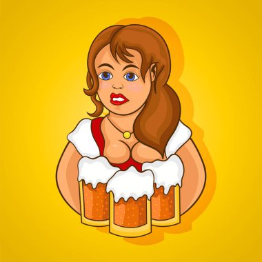 Güzel kız bir garson üç bardak bira ile.