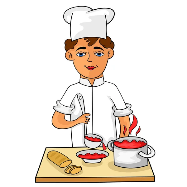 Feliz joven cocinero vierte sopa caliente en un tazón . — Vector de stock