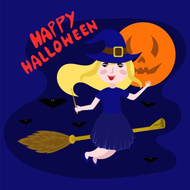 bir süpürge sapı vektör çizim üzerinde uçan cadı. mutlu Hallowee