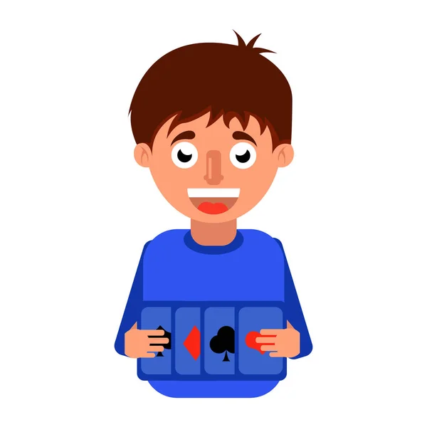 Juego de azar en las tarjetas, un joven con tarjetas en las manos vector illust — Vector de stock
