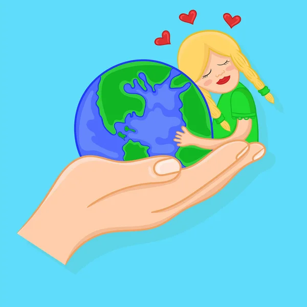 Liebe für den Planeten Erde. Cartoon-Mädchen umarmt einen Globus. — Stockvektor