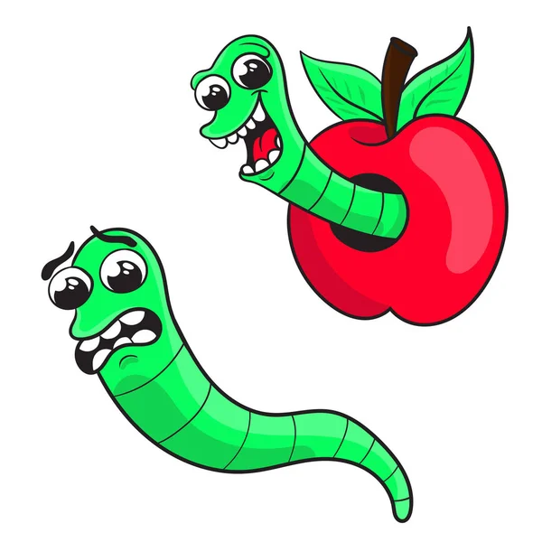 Verme dos desenhos animados numa maçã, um verme assustado. design de caracteres , — Vetor de Stock