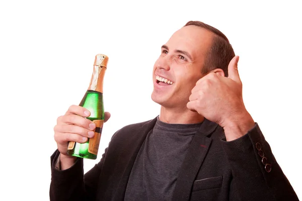 Man holding a bottle of champagne and a white background — Stock Photo, Image