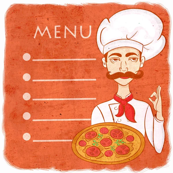 Menú de restaurantes. chef con pizza en la mano — Foto de Stock