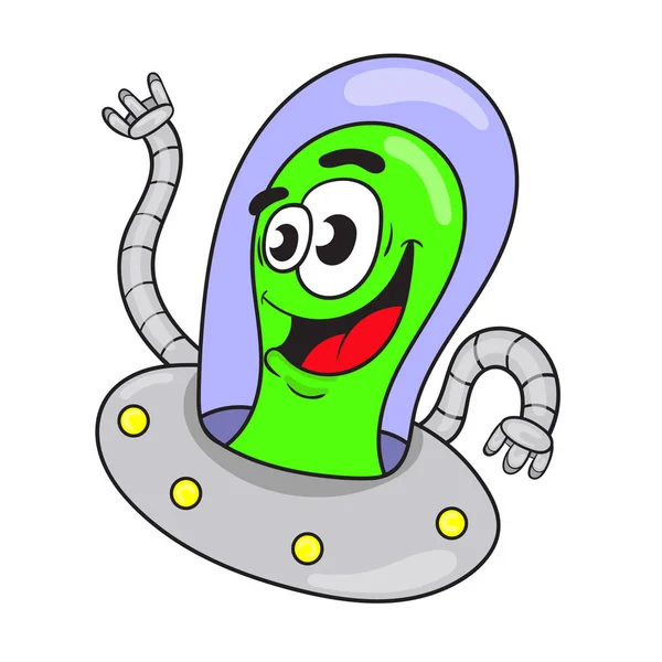 Leuke groene alien in een vliegende schotel. grappige Characterdesign. VEC — Stockvector