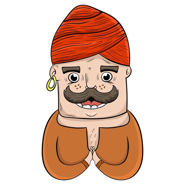 Hombre indio barbudo de dibujos animados con un pendiente de oro, turbante en el él — Vector de stock