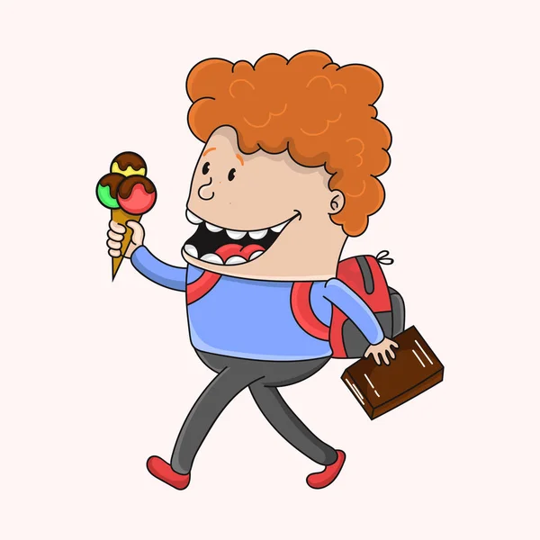 Cartoon školák s ice cream vektorové ilustrace — Stockový vektor