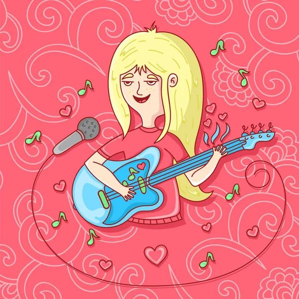 Sarjakuva söpö tyttö soittaa kitaraa ja laulaa mikrofoniin — vektorikuva