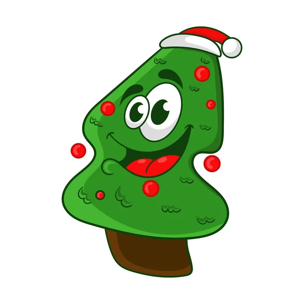 Dessin animé drôle arbre de Noël dans une illustration vectorielle chapeau Santa — Image vectorielle
