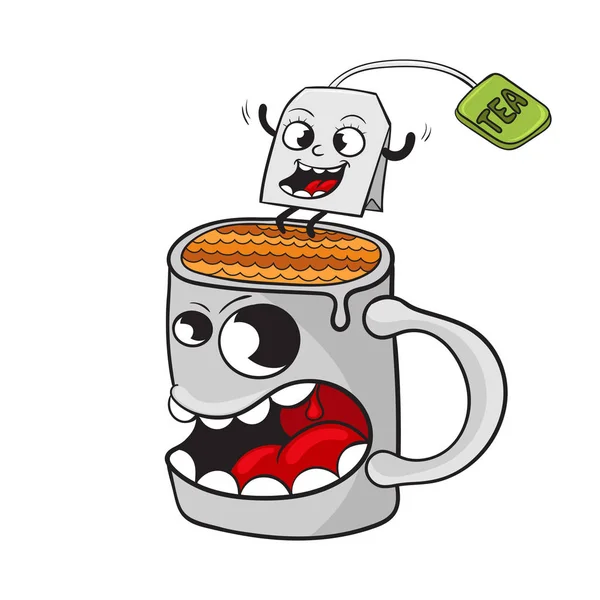 卡通陶瓷杯和茶叶袋, 矢量插画 — 图库矢量图片