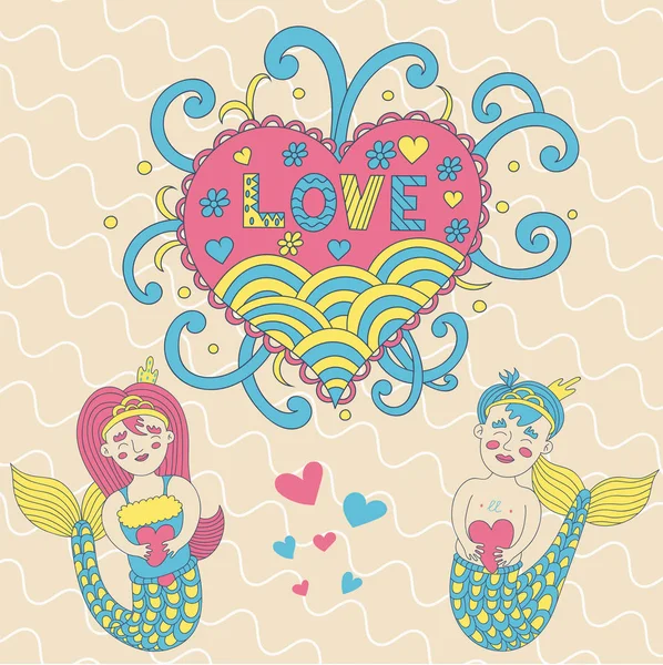 Glückwunschkarte zum Valentinstag, ein nettes Paar Meerjungfrauen — Stockvektor