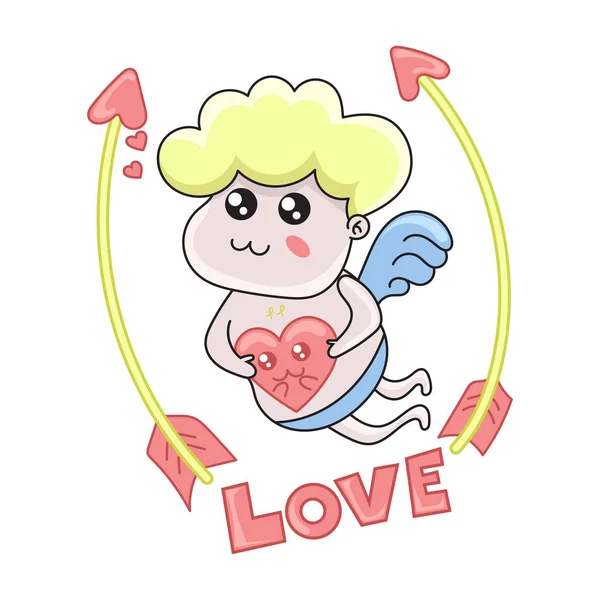 Kawaii linda tarjeta de Cupido para el día de San Valentín, vector de ilustración . — Vector de stock