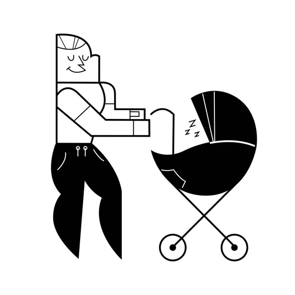 Sevgi dolu baba ile bebek arabası, vektör çizim yürüyüş — Stok Vektör