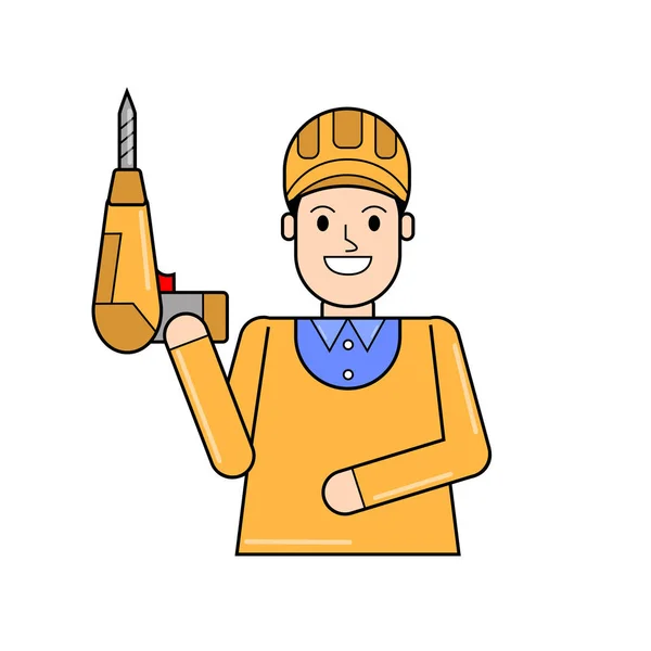 Man with electric drill, vector icon, flat design — Stock Vector