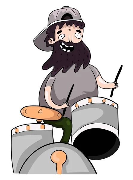 Karikatur lächelnder Schlagzeuger mit Bart in Mütze, Vektorillustration — Stockvektor