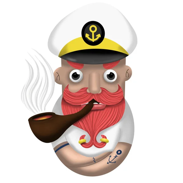 Dessin Animé Capitaine Mer Avec Une Barbe Une Moustache Fumer — Photo