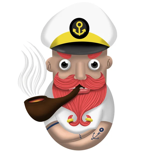 Cartoon sea captain with a beard and mustache Smoking through a wooden pipe, character design, illustration on a white background.