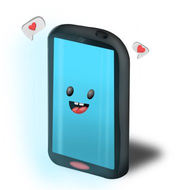 Telefon maskotu çizgi filmi. Beyaz arkaplanda sevimli akıllı telefon karakteri, illüstrasyon.