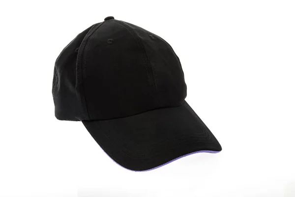 Black golf cap with purple colour trim on white background — Stock Photo, Image