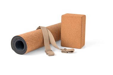 Yoga Cork Mat ayarla kaymaz Eko Dostu Beyaz arka plan üzerinde