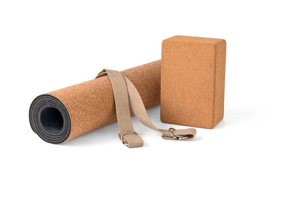 Yoga Cork matta inställd icke slip Eco Friendly på vit bakgrund — Stockfoto