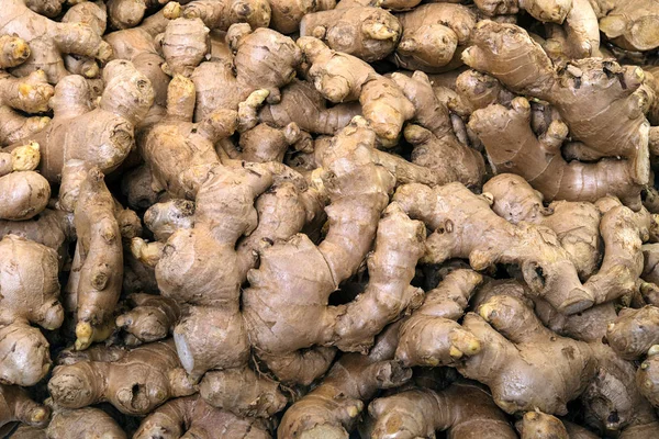 Ginger rötter närbild visning i vegetabiliska färskvarumarknaden — Stockfoto