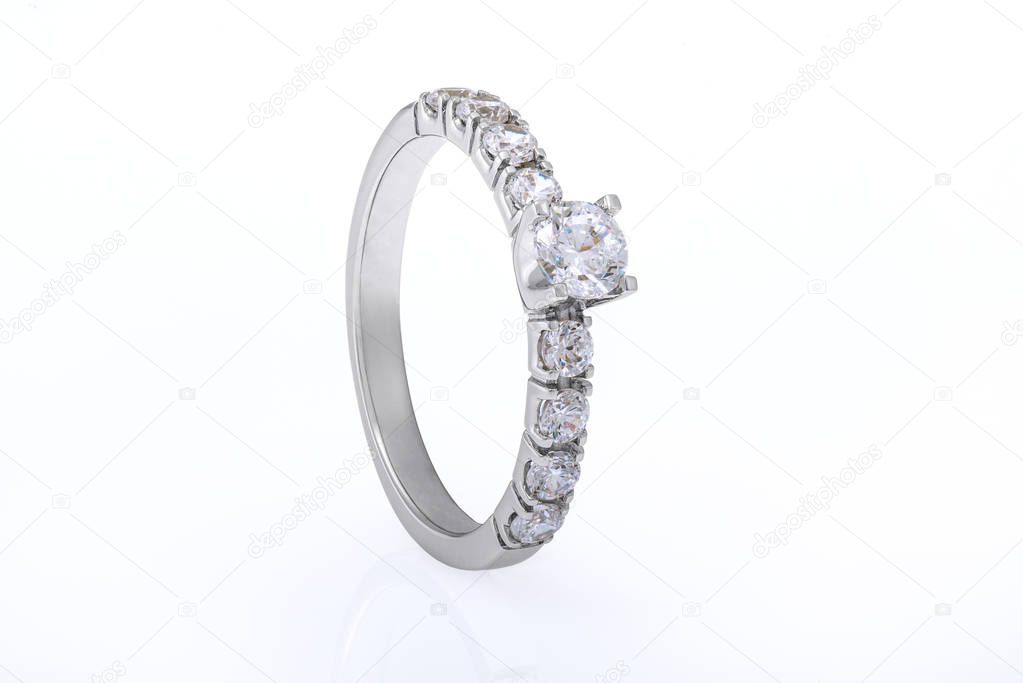 White Gold Wedding, Engagement Ring with Diamonds on White Backg