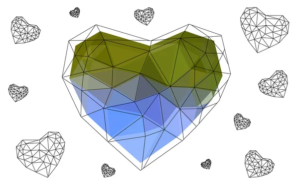 Beyaz arka plan üzerinde üçgen oluşan desen ile izole mavi, yeşil kalp. — Stok Vektör