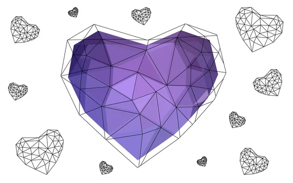 Purpurowe Serce na białym tle na białym tle z wzór, składający się z trójkątów. — Wektor stockowy
