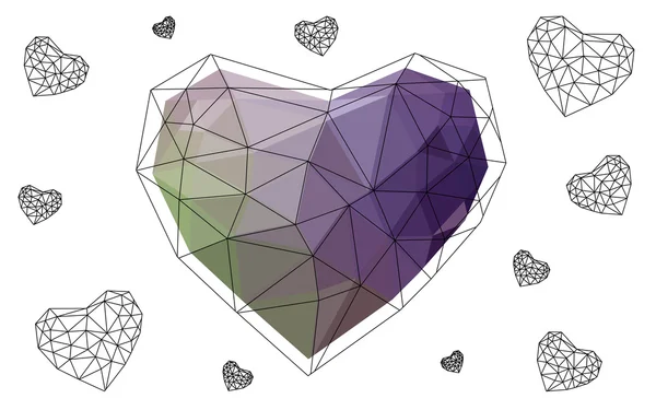 Coeur rose foncé, vert isolé sur fond blanc avec motif composé de triangles . — Image vectorielle