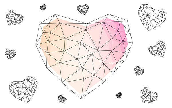 Růžové, žluté srdce izolovaných na bílém pozadí s vzorec skládající se z trojúhelníků. — Stockový vektor