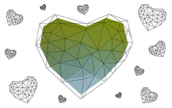 Coeur vert isolé sur fond blanc avec motif composé de triangles . — Image vectorielle