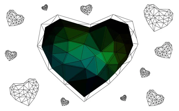 Coeur vert foncé isolé sur fond blanc avec motif composé de triangles . — Image vectorielle