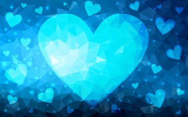 Açık mavi beyaz poligonal arka planda soyut üçgen geometrik kalp vektör.