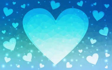 Açık mavi, beyaz poligonal arka planda vektör soyut üçgen geometrik kalp yeşil.