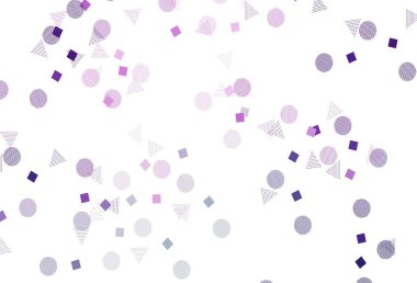 Daireler, çizgiler, dikdörtgenler olan açık pembe vektör düzeni. Renkli noktaları, çizgileri, küpleri olan soyut çizimler. Web siteleri için desen.