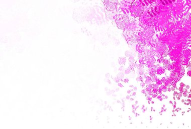 Açık pembe vektör arka planı yapraklarla, çiçeklerle karalıyor. Yapraklı, çiçekli, karalama tarzında renkli çizimler. Tasarımınız için yeni şablon.