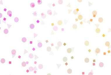 Açık pembe, sarı vektör arkaplan üçgenler, daireler, küplerle. Renkli daireler, üçgenler, kareler çizilmiş bir resim. Reklamlarınız için akıllı tasarım.