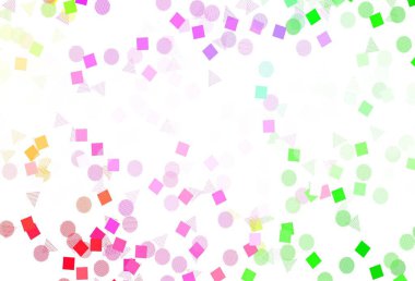 Açık Pembe, çizgiler, daireler ve eşkenar dörtgenli yeşil vektör arkaplanı. Çemberler, üçgenler ve küplerle soyut gradyan çizimi. Broşürler, broşürler için desen