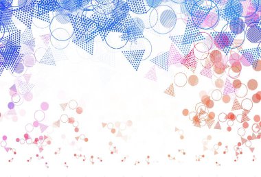 Açık mavi, üçgenli, daireli, küplü kırmızı vektör arkaplan. Renkli noktaları, çizgileri, küpleri olan soyut çizimler. Duvar kağıtları için şablon.