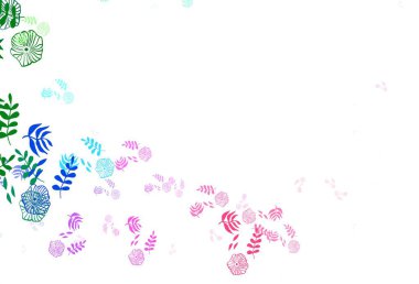 Açık renkli vektör karalama arkaplanı yapraklarla, çiçeklerle. Yaprakları ve çiçekleri olan zarif, parlak bir illüstrasyon. Çocuk kitapları için renkli desen.