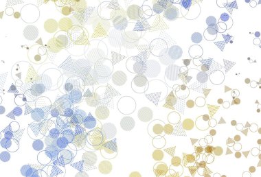 Açık mavi, sarı vektör arkaplan çizgileri, daireler. Çemberler ve üçgenlerle soyut gradyan çizimi. Broşürler, broşürler için desen